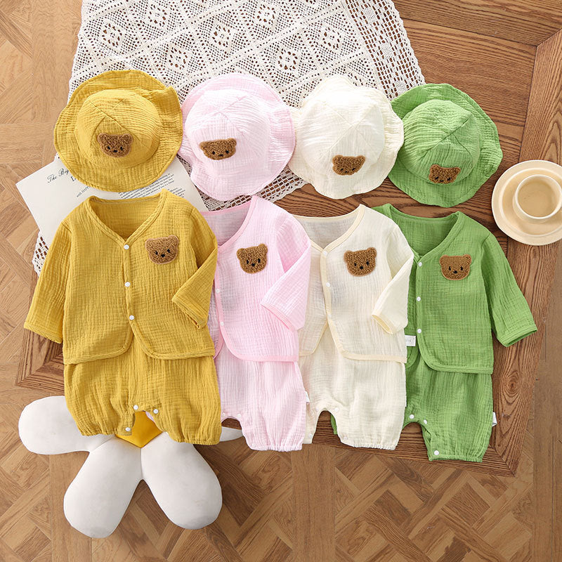 Ju Ju Jam's Baby Gauze Sleeveless Romper with Cardigan and Hat, front view