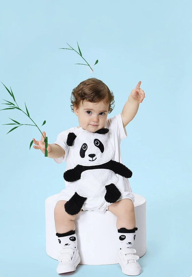 Adorable baby wearing Ju Ju Jam's Cute Panda Hugged Romper