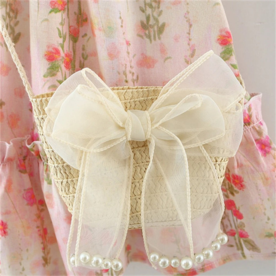 Floral Fantasy Girls Dress With Sling Bag