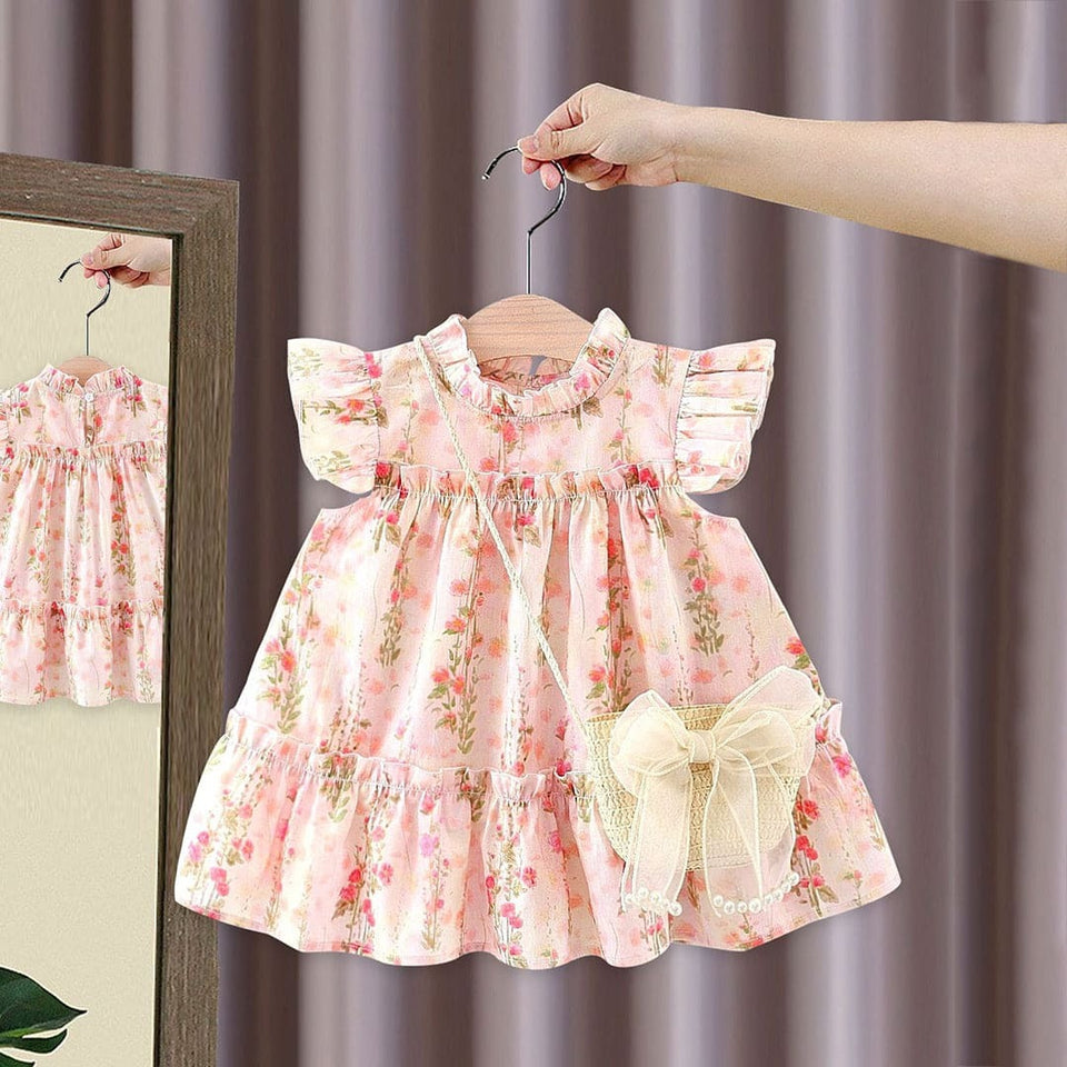 Floral Fantasy Girls Dress With Sling Bag