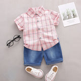 Ju Ju Jam pink plaid shirt and shorts set for boys, featuring a stylish plaid pattern and matching shorts.