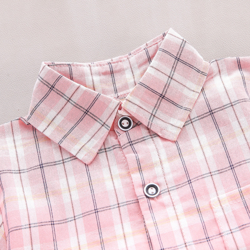 Boys' pink plaid shirt with coordinating shorts, a trendy and comfortable set from Ju Ju Jam.