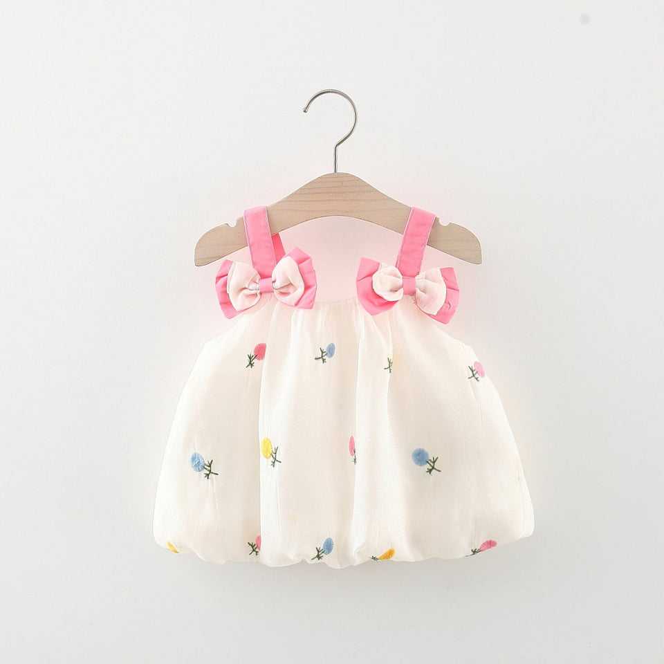 White Pink Bow Girls Dress - Elegant dress with a white base and a cute pink bow detail, perfect for special occasions and everyday wear, available at Ju Ju Jam.