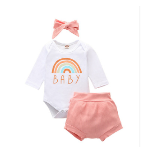 Three-piece Rainbow Romper Suit with Hair Bow
