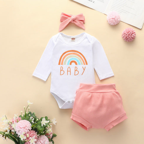 Three-piece Rainbow Romper Suit with Hair Bow