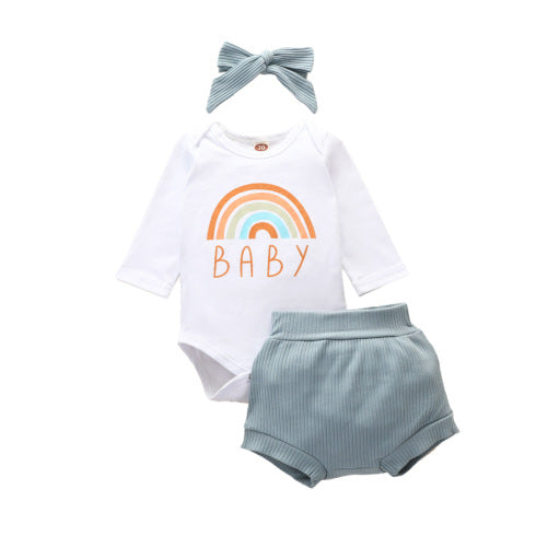 Three-piece Rainbow Romper Suit with Hair Bow