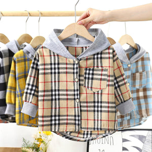 Little Man's Hooded Plaid Shirt for boys and girls, featuring a cozy hood and classic plaid pattern, perfect for a casual, stylish look at Ju Ju Jam.