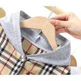 Cute Little Man's Hooded Plaid Shirt for boys and girls, ideal for all seasons, with a cozy hood and stylish plaid pattern, now at Ju Ju Jam.