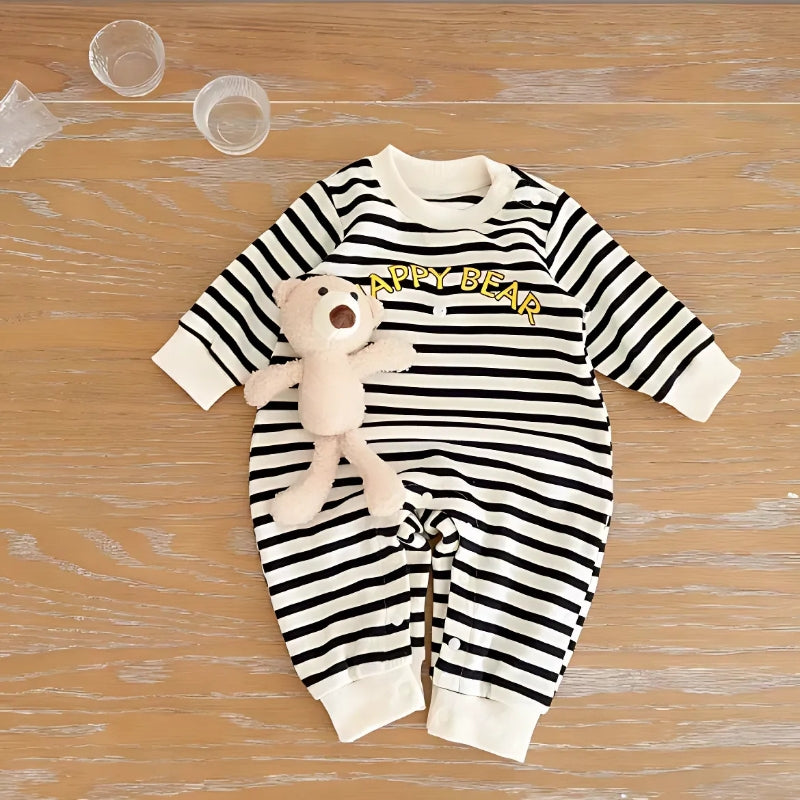 Striped baby romper with an adorable 3D teddy bear motif, ideal for boys and girls, available at Ju Ju Jam.