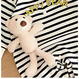 Baby boys and girls romper with a cute 3D teddy bear design and classic stripes, crafted for coziness, from Ju Ju Jam.