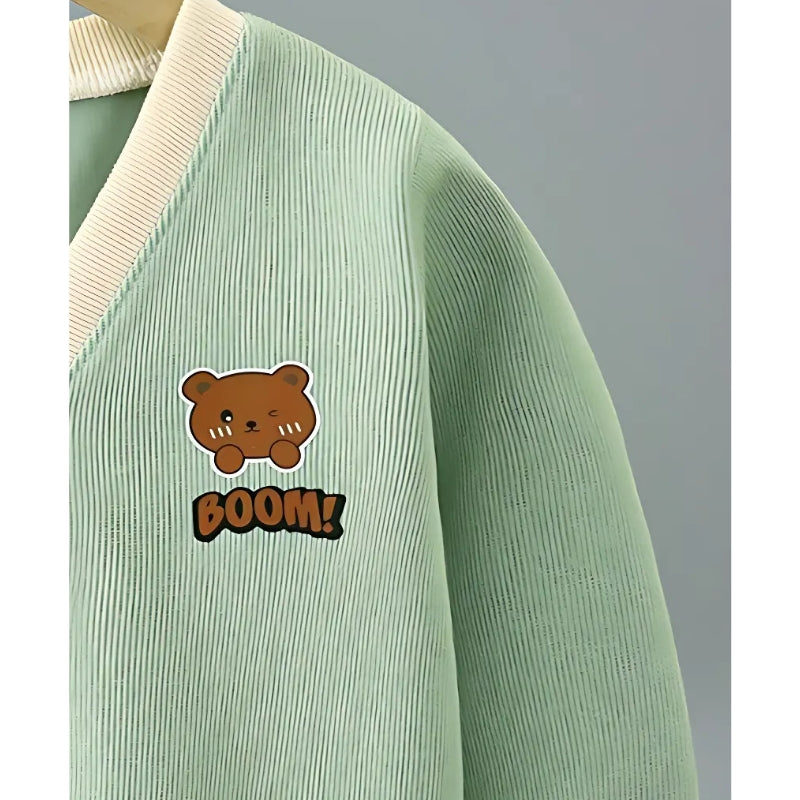 V-neck Baby Bear Cardigan from Ju Ju Jam, perfect for boys and girls with a stylish bear detail and warm knit fabric.