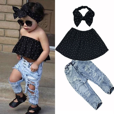 Ju Ju Jam's charming Polka Dots Top and Jeans Set with Headband for toddlers