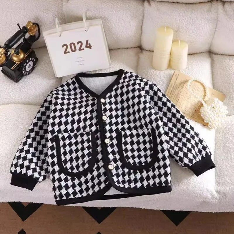 Ju Ju Jam Smart Checkered Girls Cardigan, featuring a classic checkered pattern and a cozy design for a stylish, everyday look.