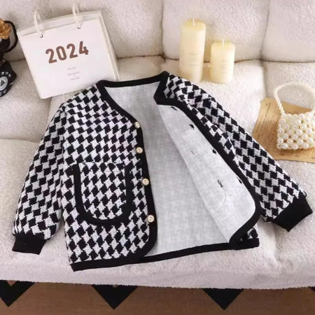 Ju Ju Jam Smart Checkered Girls Cardigan, combining elegance and comfort with a trendy checkered design and soft knit fabric.