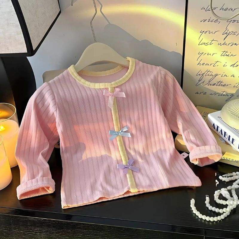 Ju Ju Jam Breathable Pink Bow Girls Sweater Top, featuring a soft, lightweight fabric and an adorable pink bow detail for a stylish look.