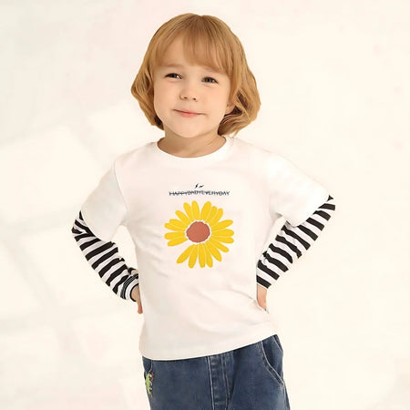 Happy Day Girls Sunflower Top by Ju Ju Jam styled with white shorts, perfect for a fresh and playful summer outfit.