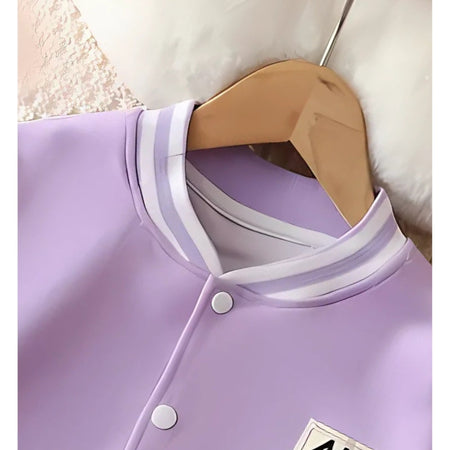 Ju Ju Jam’s Purple Bomber Jacket for girls – stylish outerwear that pairs perfectly with casual and dressy looks.