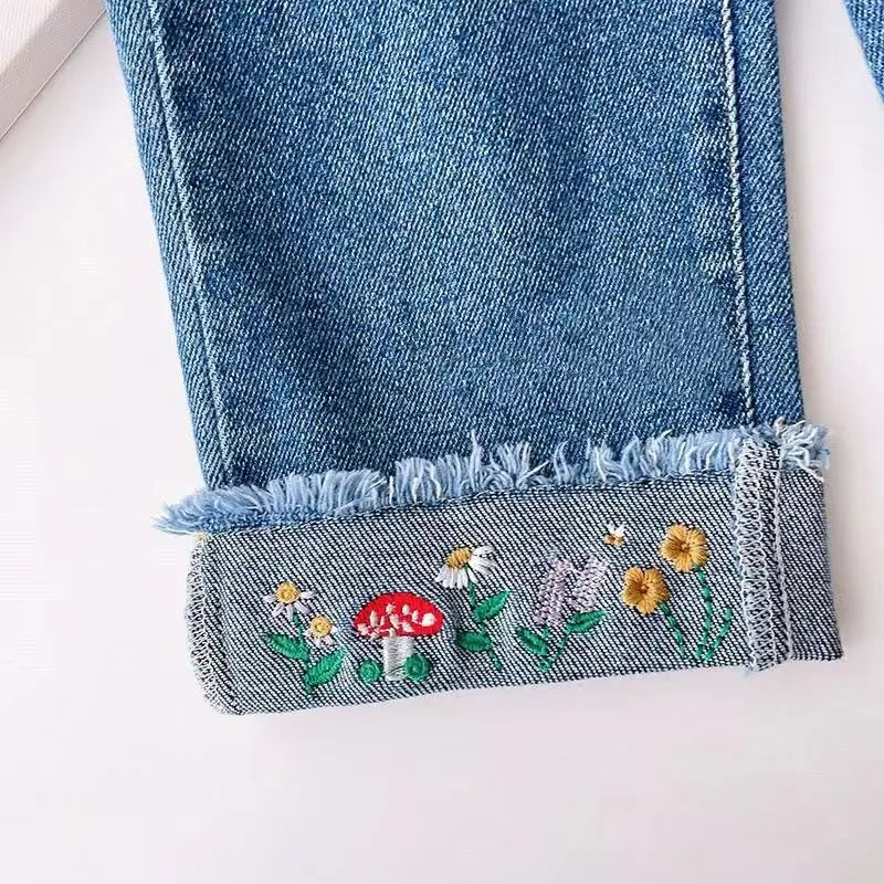 Embroidered Bottom Girls Denim Straight Fit Jeans