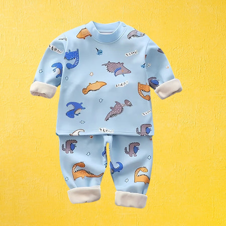 Comfortable fleece outfit for boys with colorful dinosaur prints, available at Ju Ju Jam.