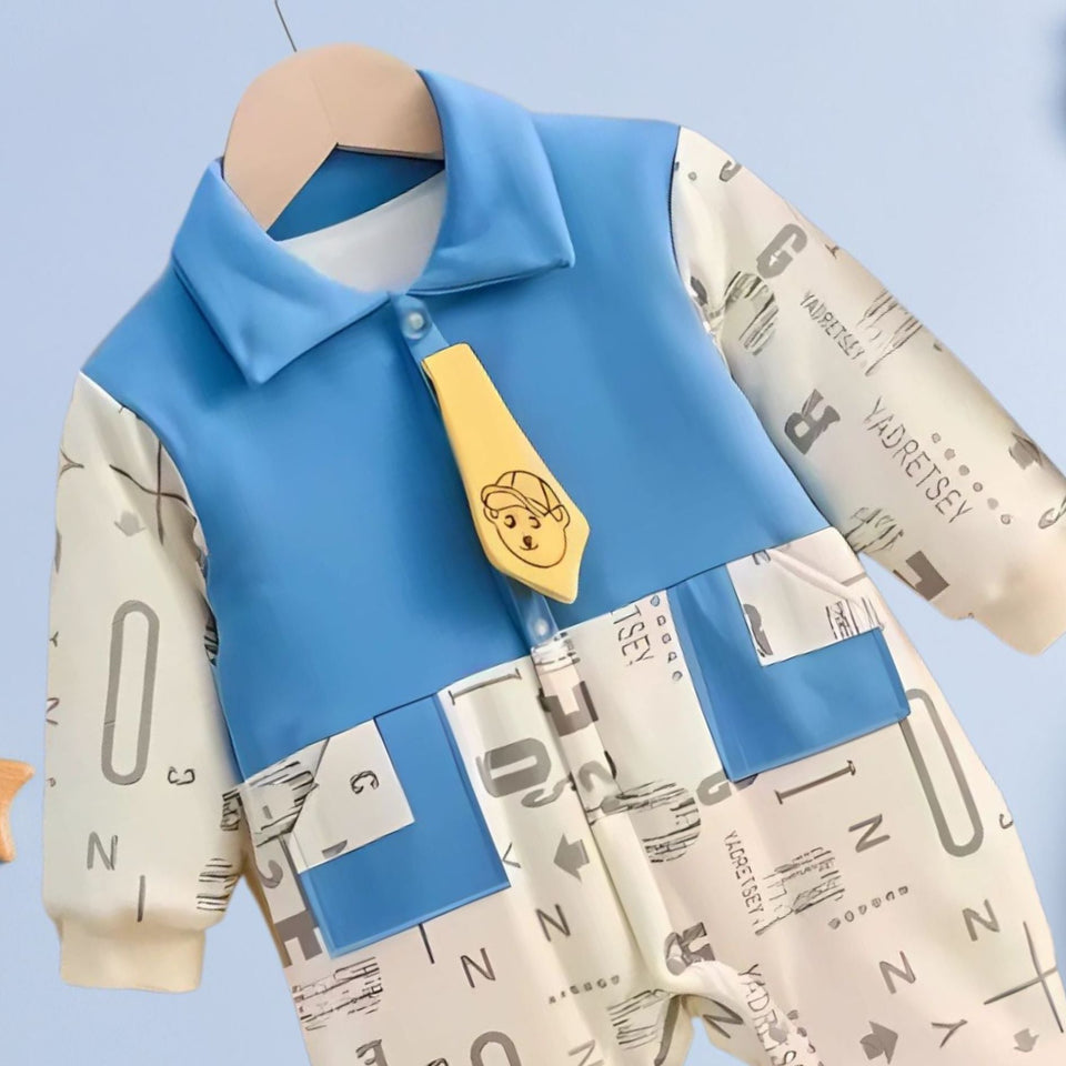 Adorable baby boys' romper with a funky cartoon design, crafted for coziness and style, from Ju Ju Jam.