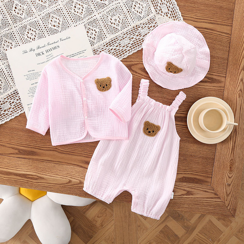 Baby Gauze Sleeveless Romper with Cardigan and Hat - Pink