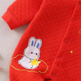 Unisex baby romper in rich red by Ju Ju Jam, designed with a bunny theme and soft fabric for cozy comfort.