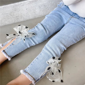 Polka Dotted Bow Denim Girls Jeans