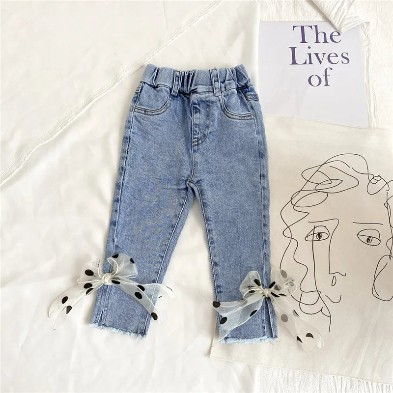 Polka Dotted Bow Denim Girls Jeans