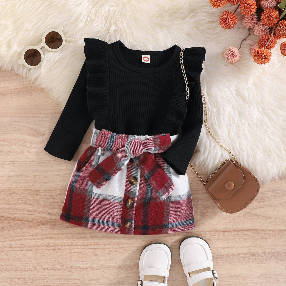 Stylish Baby and Kids Outfit: Red Plaid Skirt and Top by Ju Ju Jam