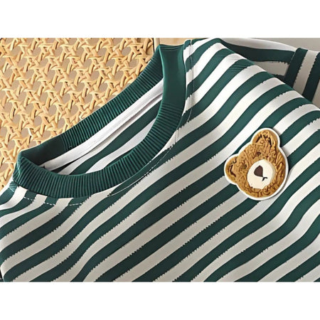 Mini Stripes Classic Boys T-shirt styled with denim, highlighting its versatility for kids' fashion by Ju Ju Jam.