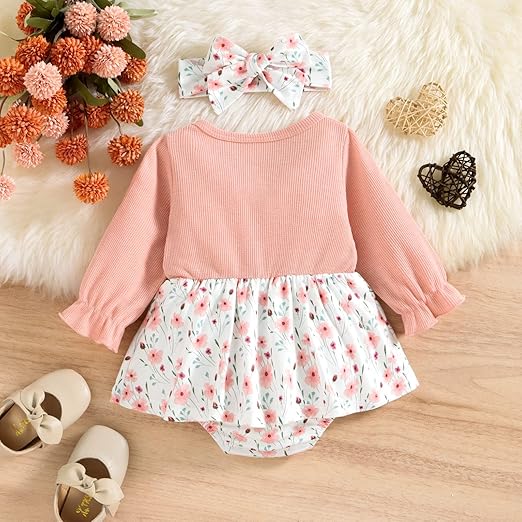 Cute bowknot romper dress for baby girls with matching headband - comfortable and fashionable outfit available at Ju Ju Jam.