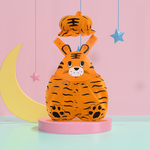 Adorable baby wearing a Baby Tiger romper with hat, designed for both boys and girls from Ju Ju Jam.