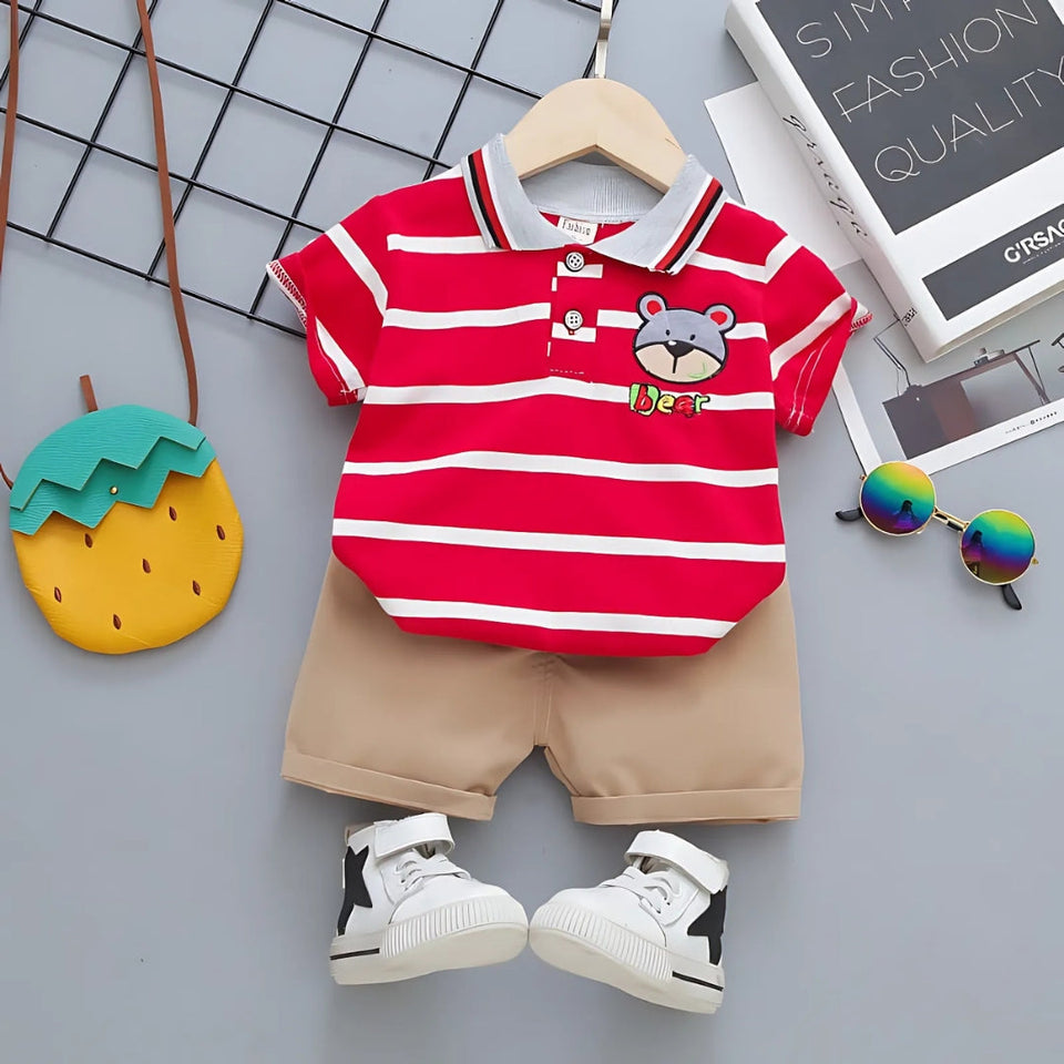 Bear Collar Striped Boys T-shirt and Shorts Set