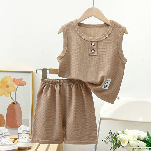 Charming Beige Sleeveless Set for Boys - Includes a sleeveless top and coordinating shorts in a soft beige hue, ideal for casual summer days, at Ju Ju Jam.