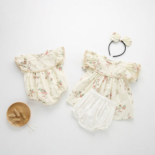 Ju Ju Jam Blossom & Bow Girls Matching Romper and Dress - Adorable matching set featuring a floral romper and coordinating dress with a bow detail.