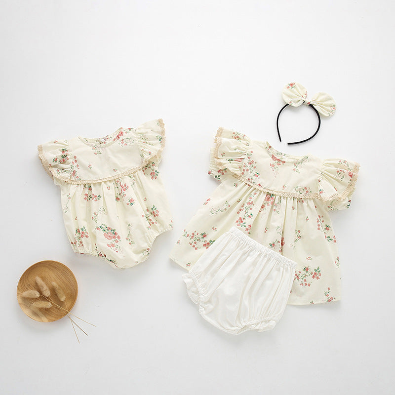 Ju Ju Jam Blossom & Bow Girls Matching Romper and Dress - Adorable matching set featuring a floral romper and coordinating dress with a bow detail.