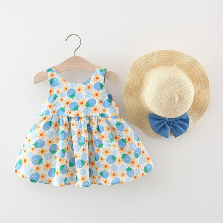 Charming blue dress for girls with bow knot and coordinating hat - Ju Ju Jam