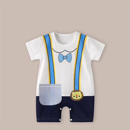 Blue Suspender Baby Romper by Ju Ju Jam - Stylish romper for boys featuring a blue suspender design, perfect for a charming look.