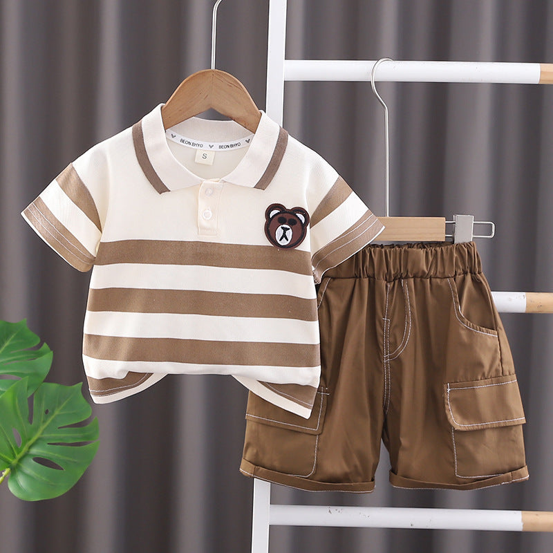 Ju Ju Jam brown collared striped boys' set, featuring a striped shirt with a brown collar and matching pants for a classic look.