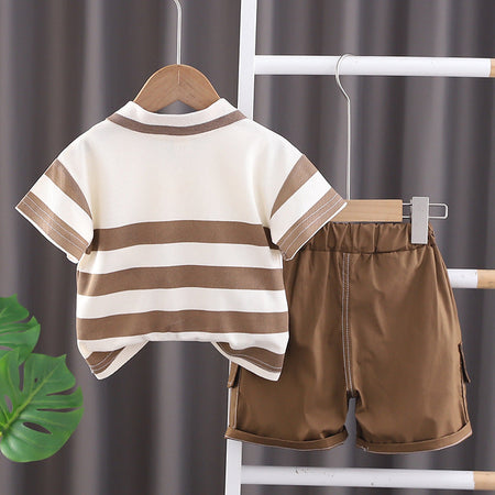 Ju Ju Jam boys' brown collared striped set, combining a refined striped shirt with a contrasting brown collar and matching pants for a polished look.