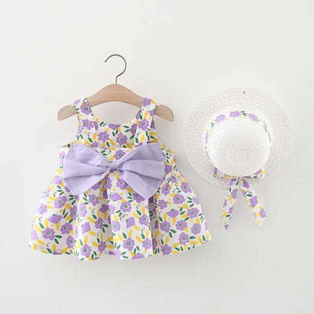 Lavender Bow Girls Dress With Hat