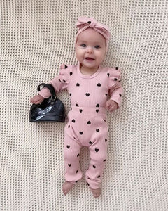 Ju Ju Jam baby girls romper and pant set featuring cute ruffle sleeves and matching head bow – comfortable and fashionable baby attire.
