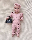 Ju Ju Jam baby girls romper and pant set featuring cute ruffle sleeves and matching head bow – comfortable and fashionable baby attire.