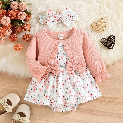 Bowknot baby girls romper dress with headband set - charming outfit featuring a stylish bowknot design, perfect for any occasion from Ju Ju Jam.