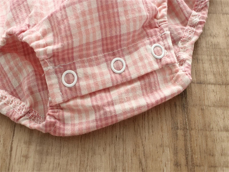 Checkered Frill Baby Girls Romper with Headband by Ju Ju Jam - Elegant romper with a checkered pattern, frill details, and a matching headband.