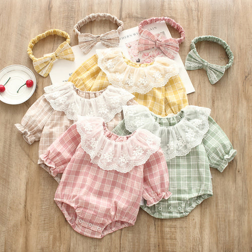 Ju Ju Jam Checkered Frill Baby Girls Romper with Headband - Stylish romper with a checkered pattern and frill details, paired with a matching headband.