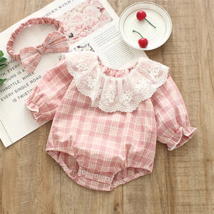 Checkered Frill Baby Girls Romper by Ju Ju Jam - Adorable romper featuring a classic checkered design and frill accents, complete with a headband.