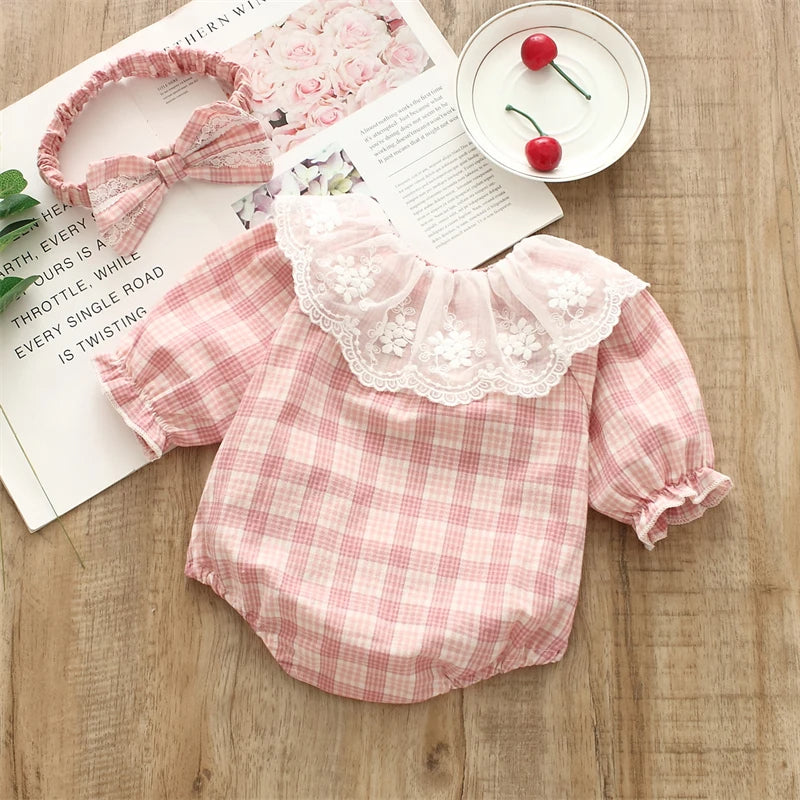 Ju Ju Jam Baby Girls Romper with Headband - Checkered pattern with frill details for a cute and fashionable look.