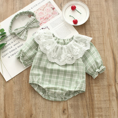 Ju Ju Jam Baby Girls Romper - Checkered design with frills and a matching headband for a complete, stylish outfit.