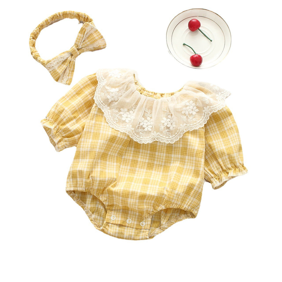 Ju Ju Jam Baby Girls Checkered Romper - Frill accents and a headband make this checkered romper a cute and stylish choice.